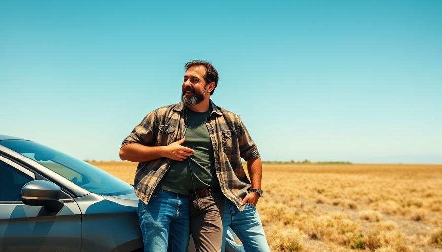 Two men discussing RV living near a car outdoors.