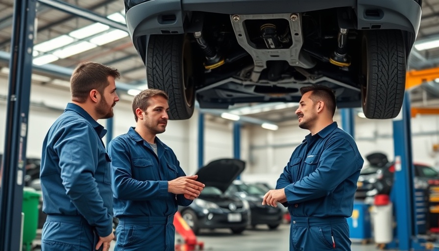 Mechanics discussing under car in a garage - Starting a Fleet Maintenance Business.