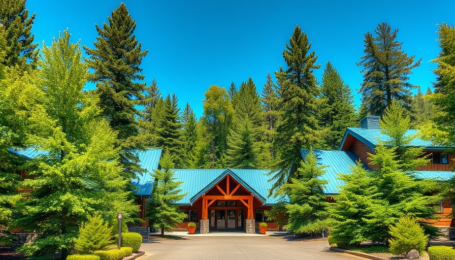 Mountain resort entrance with cabins and blue sky, full time RV living tips.