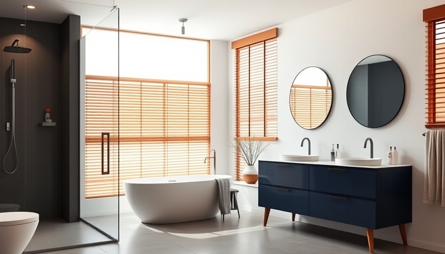 Modern bathroom by bathroom remodeling contractor Herndon VA with navy blue vanity and bathtub.