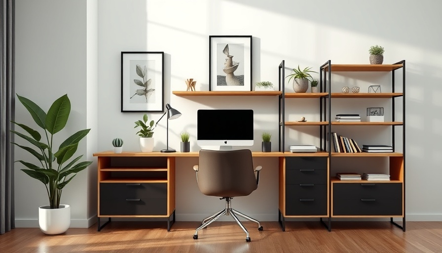Modern desk with storage and plant, perfect for designer storage solutions under $50.