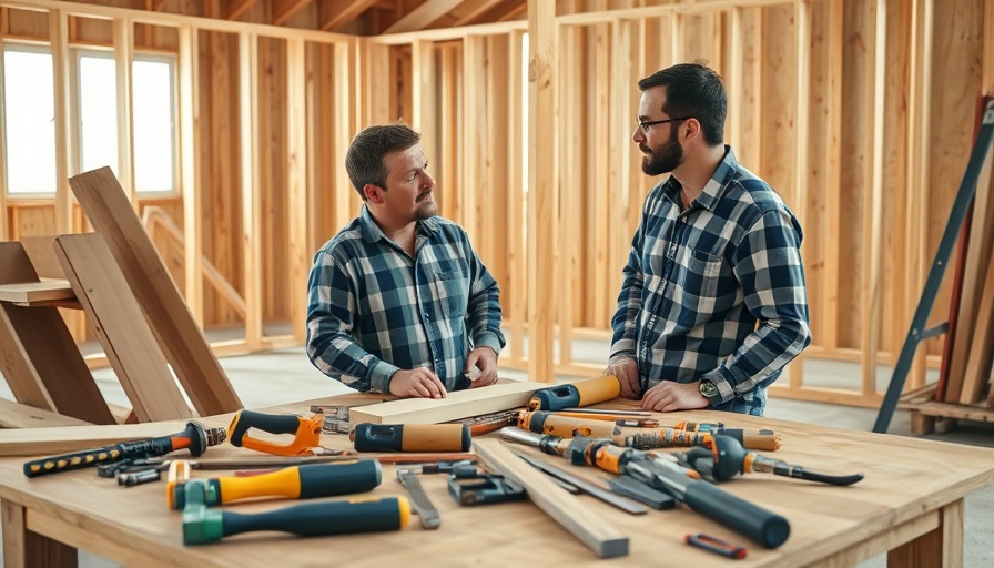 Construction experts with modern framing tools in a wooden frame house.