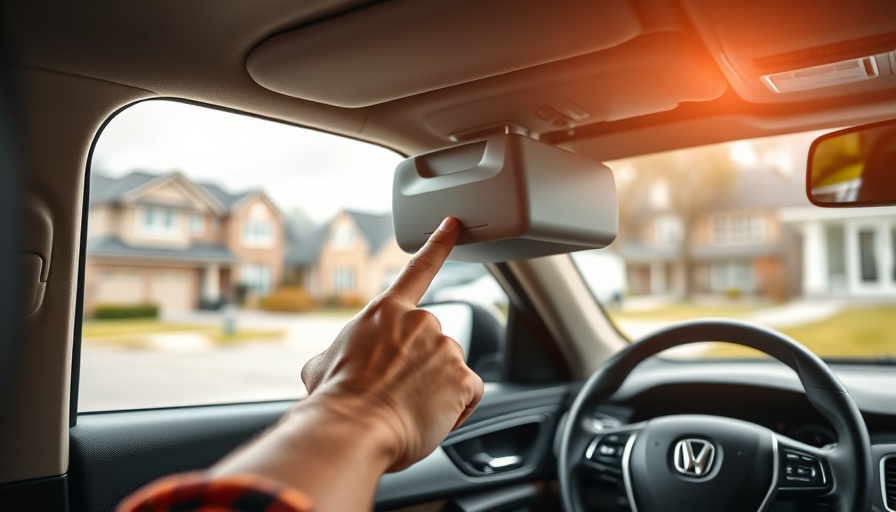 Hand pressing garage door opener inside car, suburban street view.