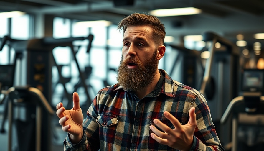 Speaking tips from a passionate bearded man in a gym setting.