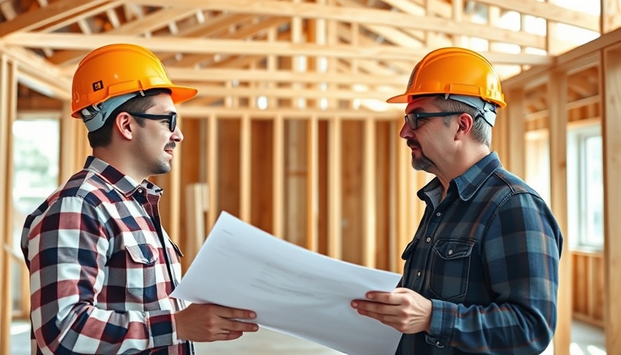 Two men in hard hats discussing house construction for veterans.
