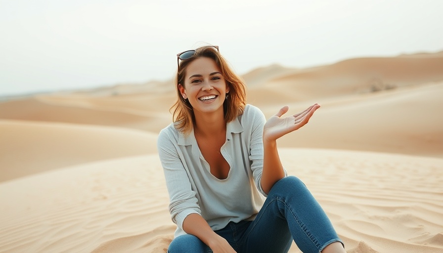 Woman gesturing in sandy dunes environment, smiling casually.