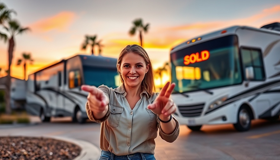 RV maintenance tips: Woman gestures at sold RV with sunset backdrop.