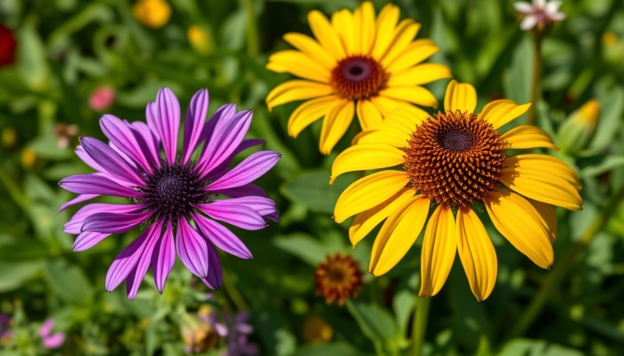 Purple blazing stars and yellow coneflowers in Midwest garden