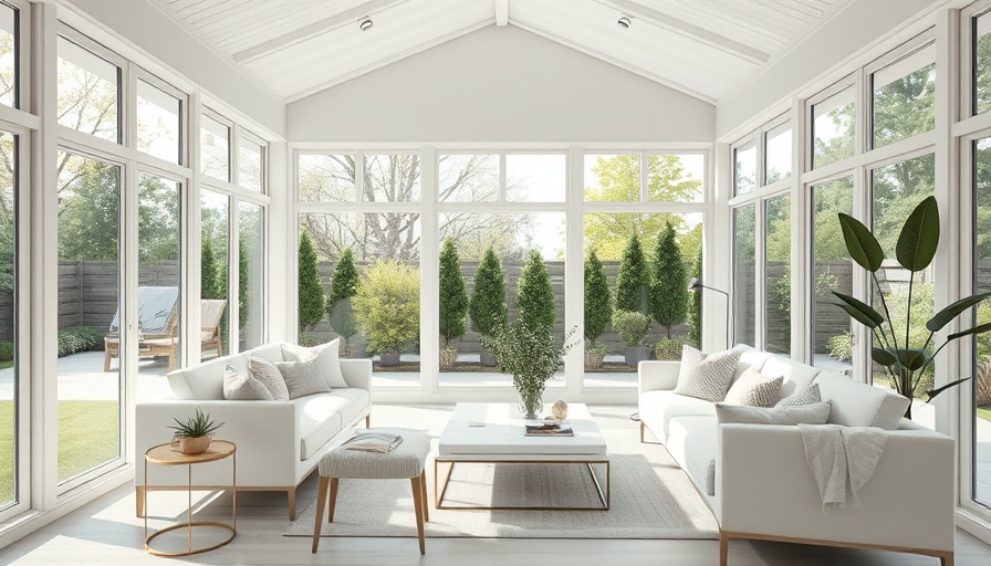 Modern sunroom with cozy decor and outdoor view in a seamless indoor-outdoor setting.