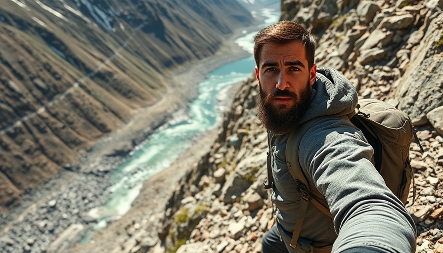 Adventurous traveler risks in exploration on a steep mountain trail.