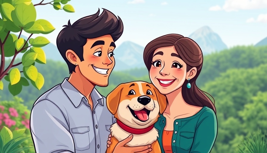 Colorful cartoon of a couple and dog in nature, RV lifestyle community.