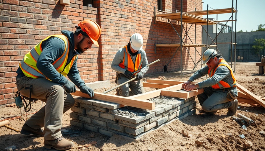 Construction workers reinforcing chimney footings at a site.