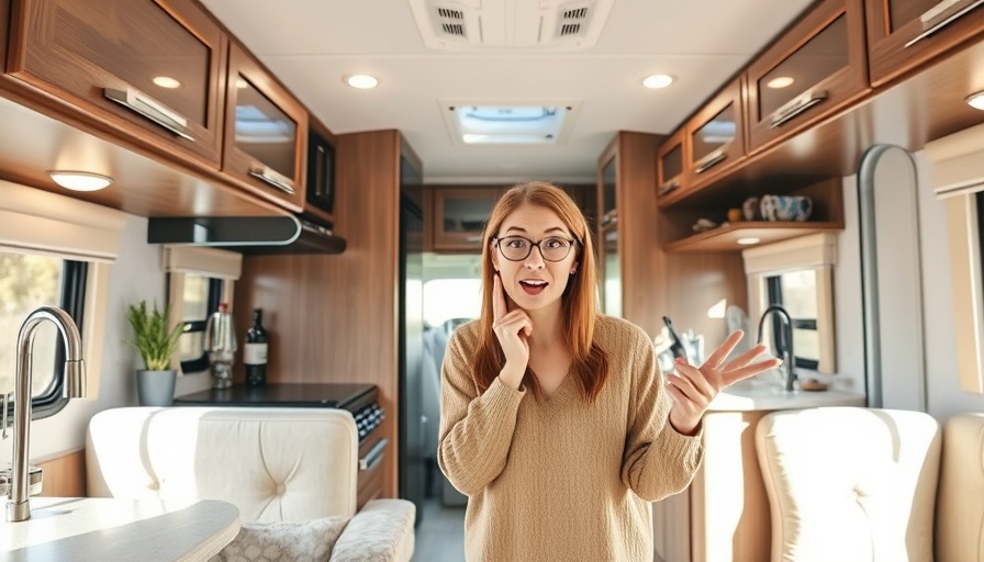 Woman exploring modern RV interior, Lake Tahoe RV camping experience.