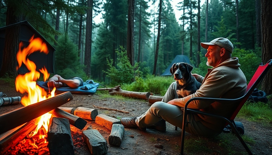 Relaxed man and dog at secluded forest campsite, warm fire glowing.