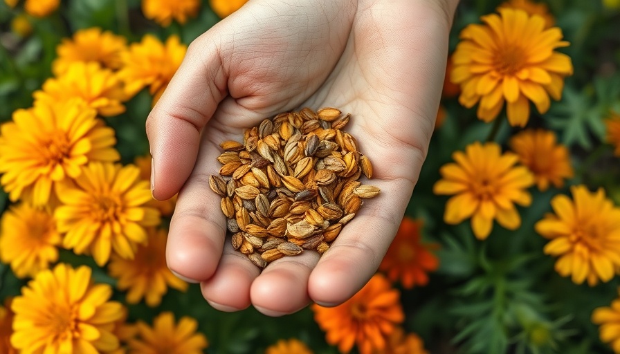 Close-up hand collecting annual flower seeds among marigolds.