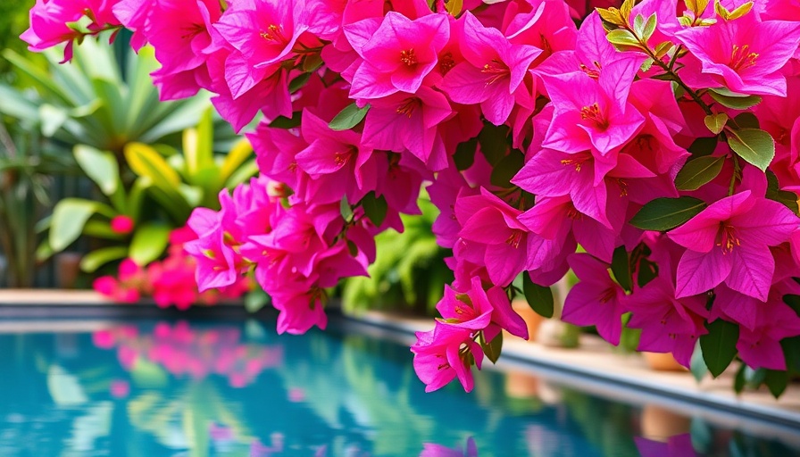 Bougainvillea plants overhanging a pool; caution for plants to never grow around pool.