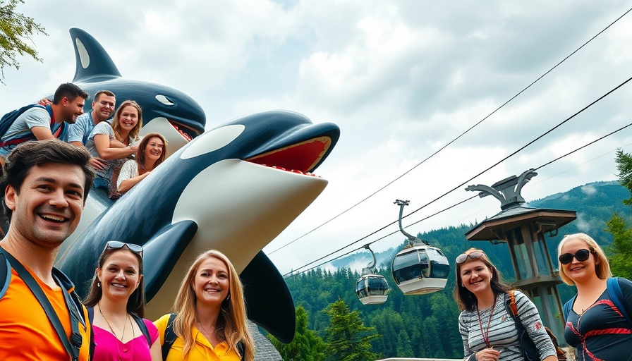 Icy Strait Point Alaska tourists with orca statue and gondola.