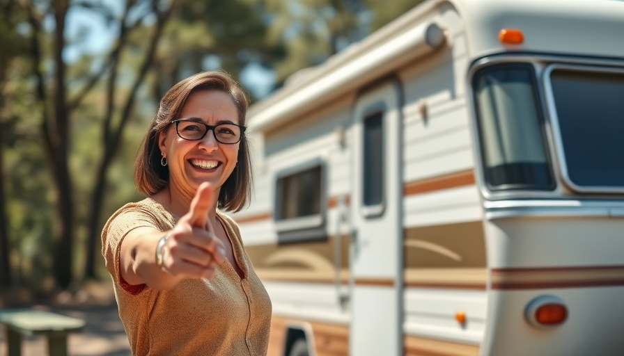 RV Life on Route 66: Woman joyfully points at vintage RV in a sunny campground.