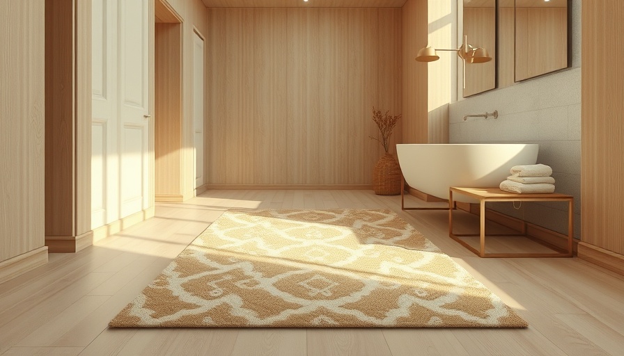 Japandi bathroom decor with elegant patterned rug on wood floor.