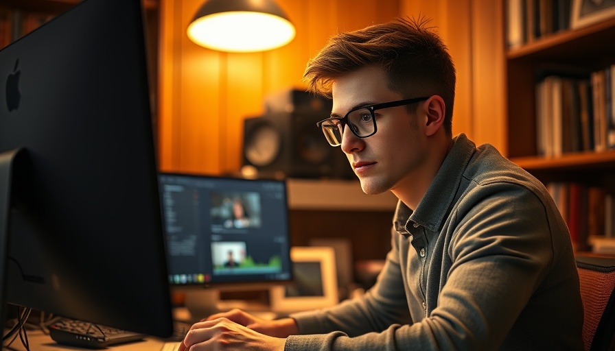 Man editing video for social media in cozy office space.