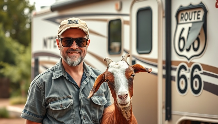 Casual man and goat near RV on Route 66.