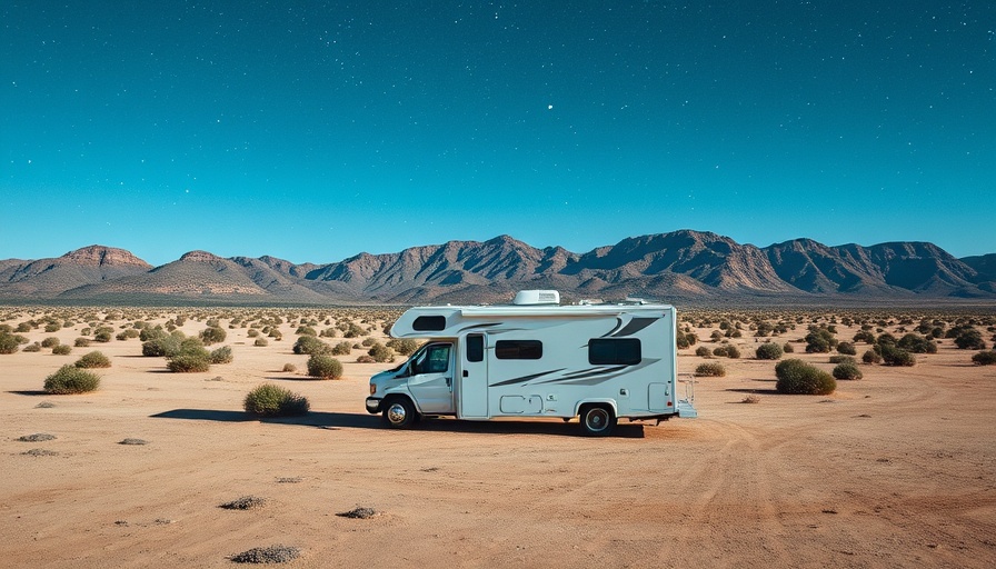 Free RV sites in desert landscape with surprised man.