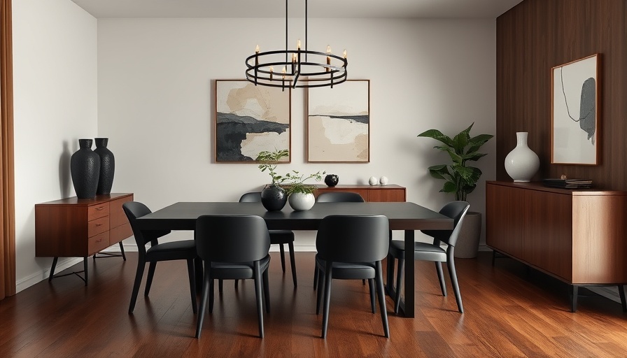 Elegant warm dining room with dark wood table and green plant.