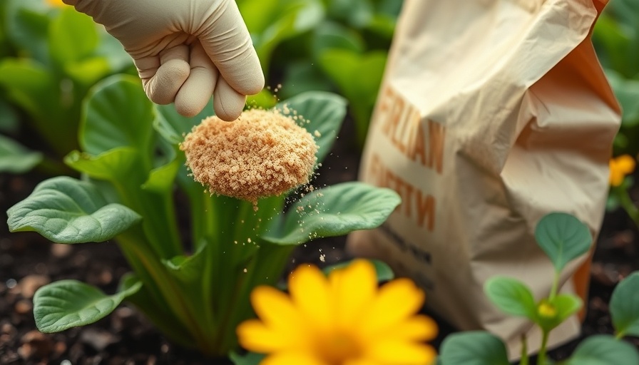 Gloved hand fertilizing green plant in the garden, focusing on garden care.