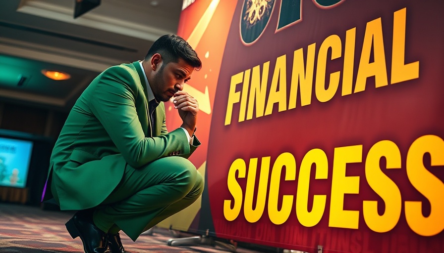 Person in green suit at event with financial success banner.