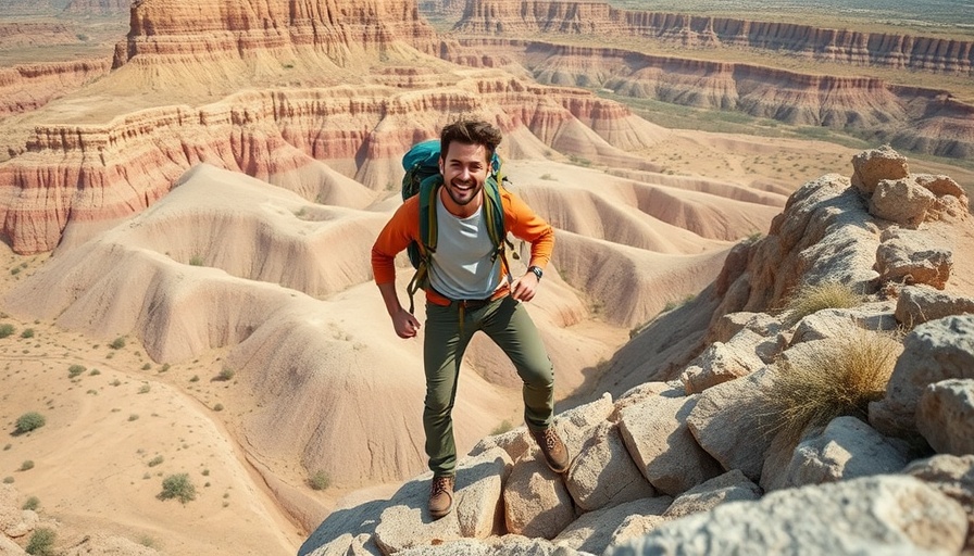 Happy male hiker climbing the Notch Trail in Badlands National Park