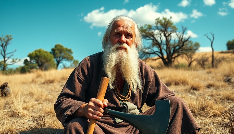 Compact survival gear for van life: elderly man with hatchet in natural setting.