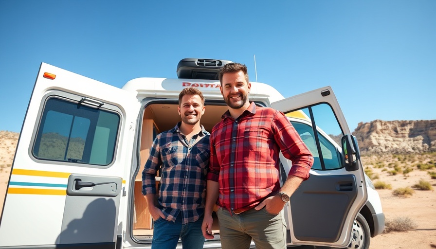 Men enjoying affordable RV lifestyle by camper van under blue sky.