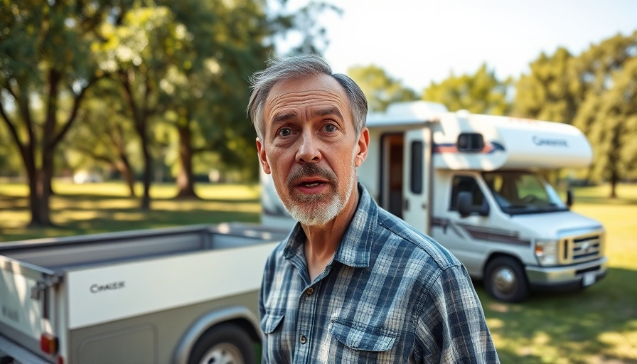 Man surprised by camper truck in park, 48 States in 48 Days.