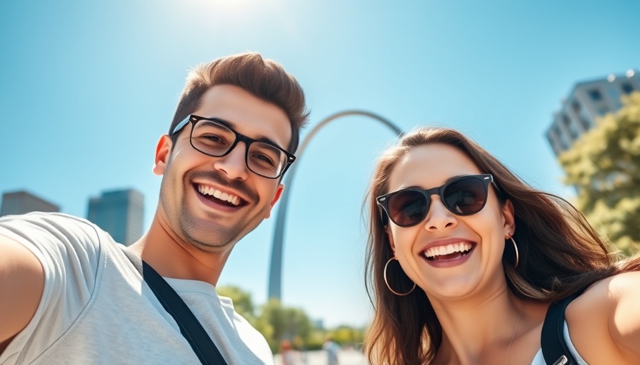 Couple enjoying a Route 66 adventure with Gateway Arch background.