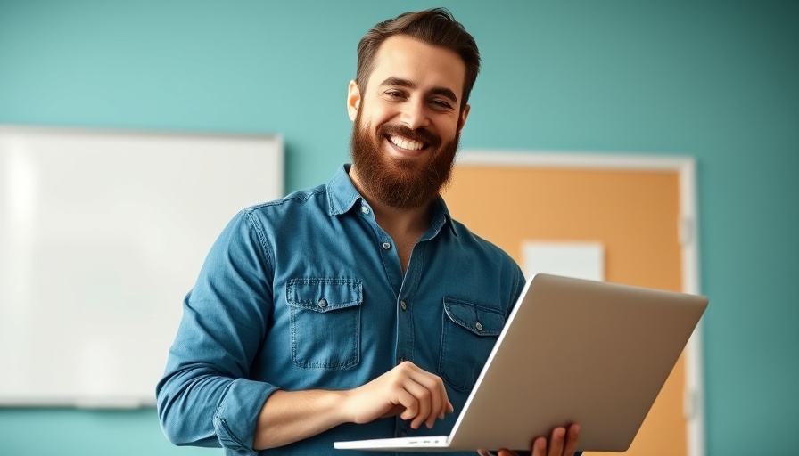 Smiling man holding laptop, pressure washing business tips backdrop.