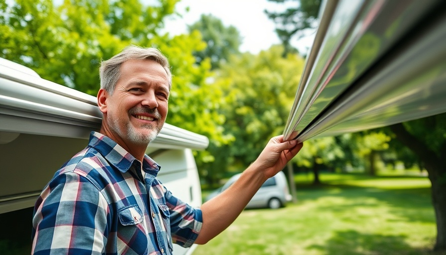 Mature male inspects RV roof for gutter maintenance in a lush park setting.