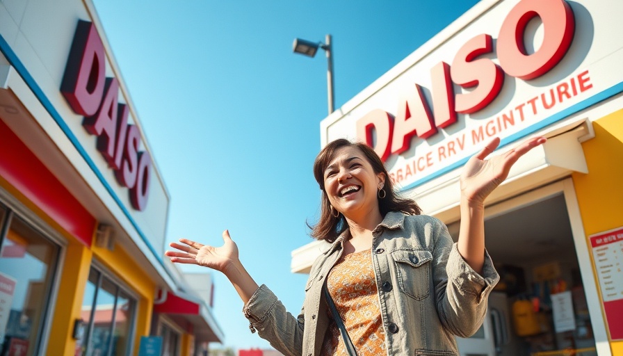 Woman promoting RV organization tips in front of Daiso store