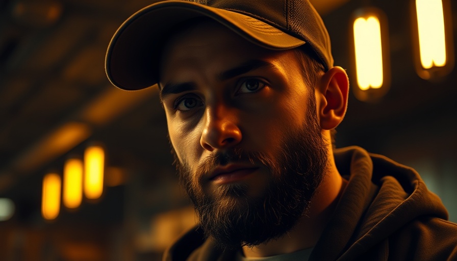 Young man in cap looking intense, dimly lit.