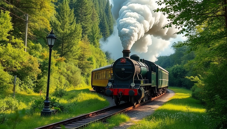 Vintage train ride through lush forest in Washington.