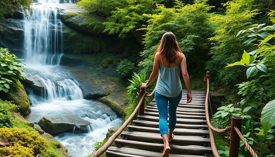 Young woman crossing Oregon's stunning bridge over scenic waterfall.