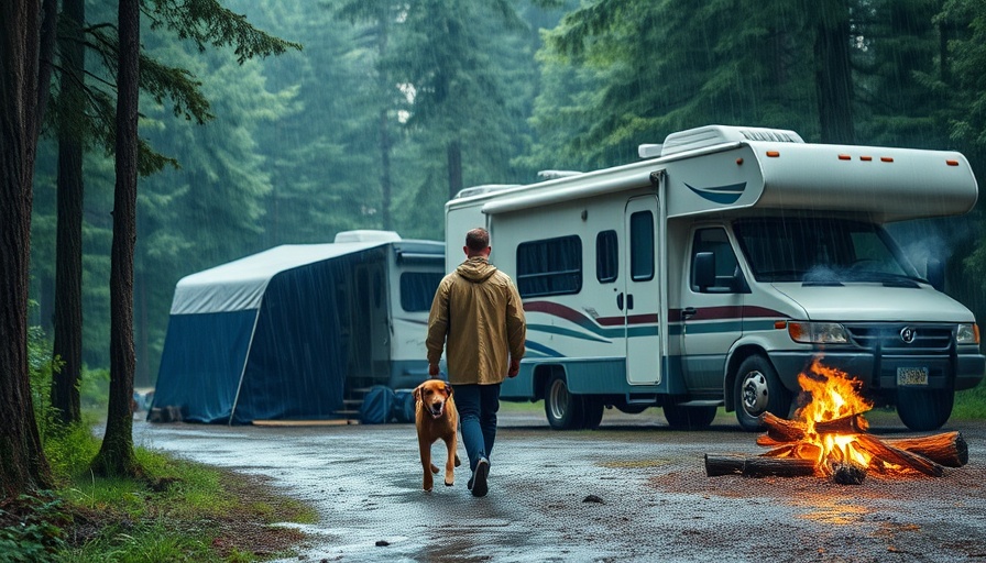 Camping in Itasca County during rainy fall with RV and campfire.