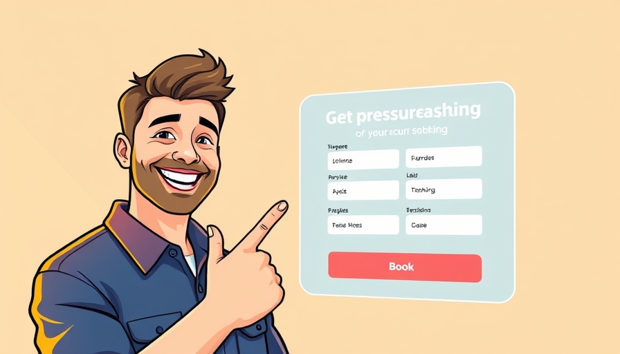 Enthusiastic man pointing at online booking for pressure washing services.
