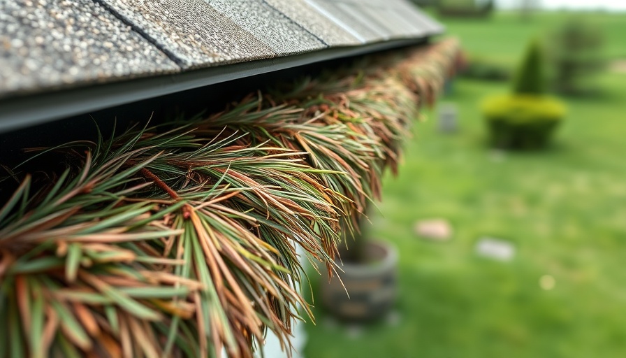 Quarterly gutter cleaning service image showing clogged gutter.