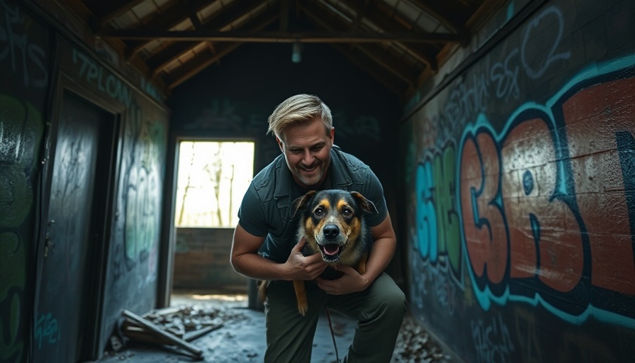 Man and dog exploring abandoned graffiti site in Minnesota forest.