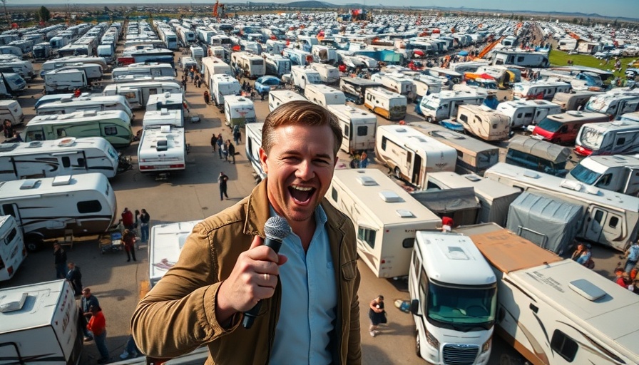 Hershey RV Show 2023 aerial view with news presenter.