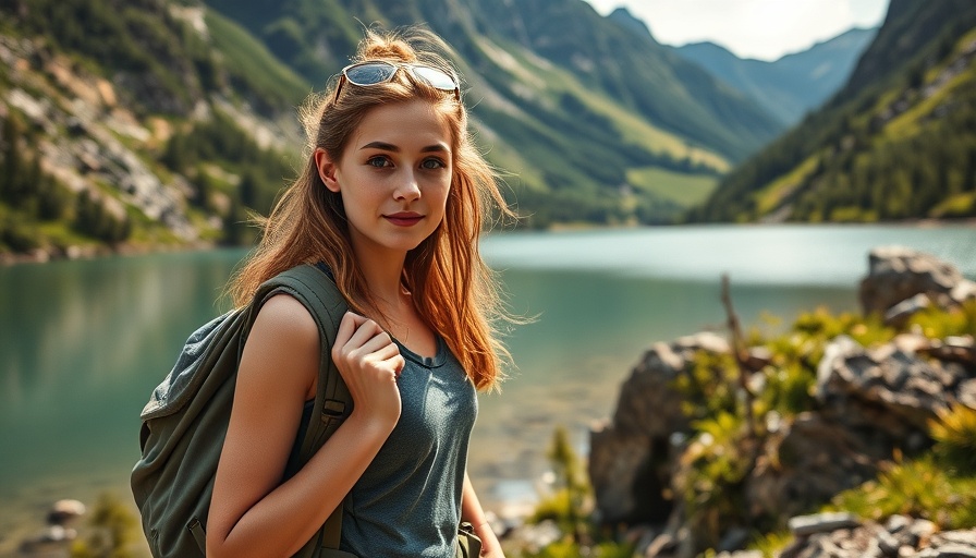 Adventurous traveler exploring by a mountain lake, reflecting on home.