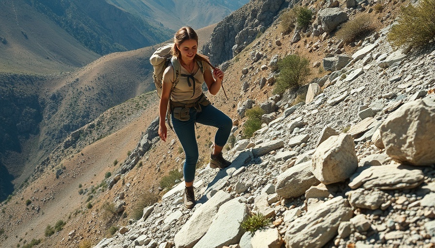Hidden dangers of popular hikes: woman climbing steep rocky hill.