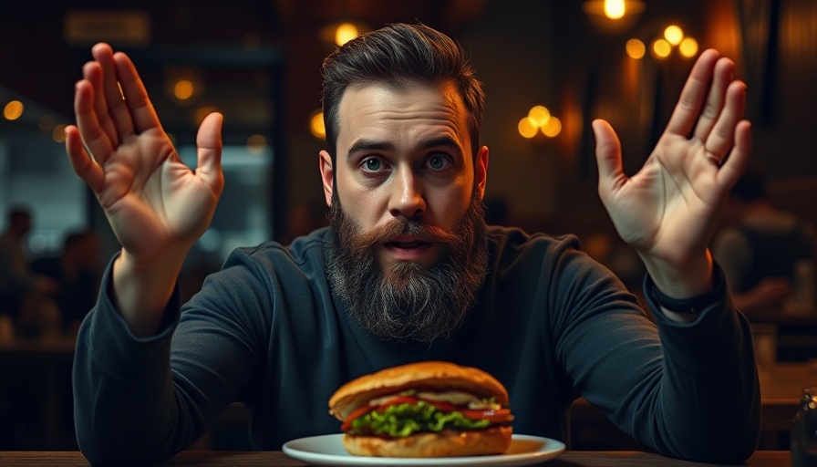 Bearded man gesturing with enthusiasm, indoor setting.