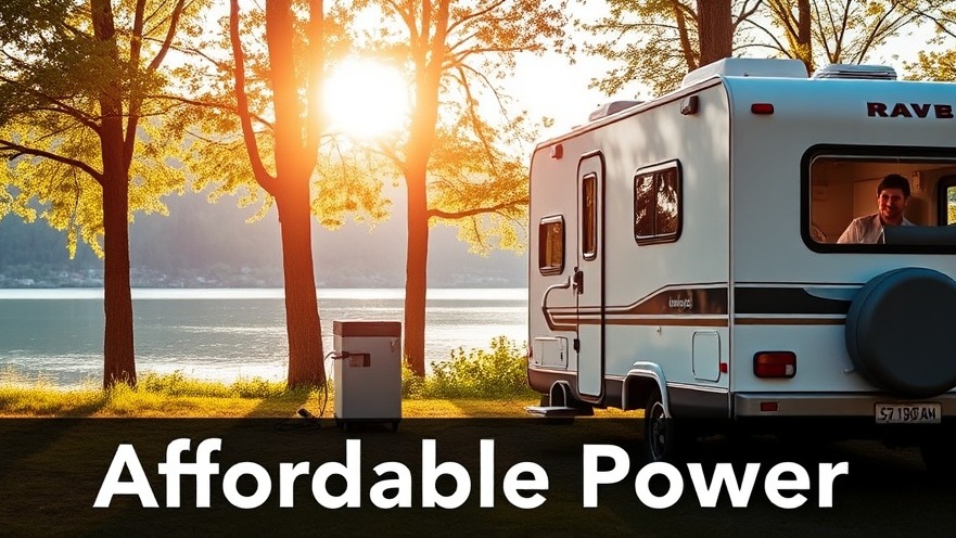 Smiling RV enthusiast charges their vehicle with a LiFePO4 battery at a serene campsite.