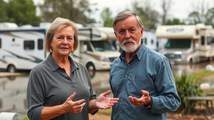 Expert discusses RV sales trends and flood impacts in a detailed outdoor setting.